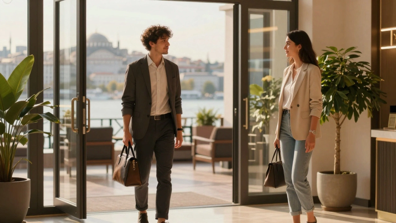 Bir kişi Beşiktaş'taki bir otel lobisinde güvenli bir buluşma yaşıyor.