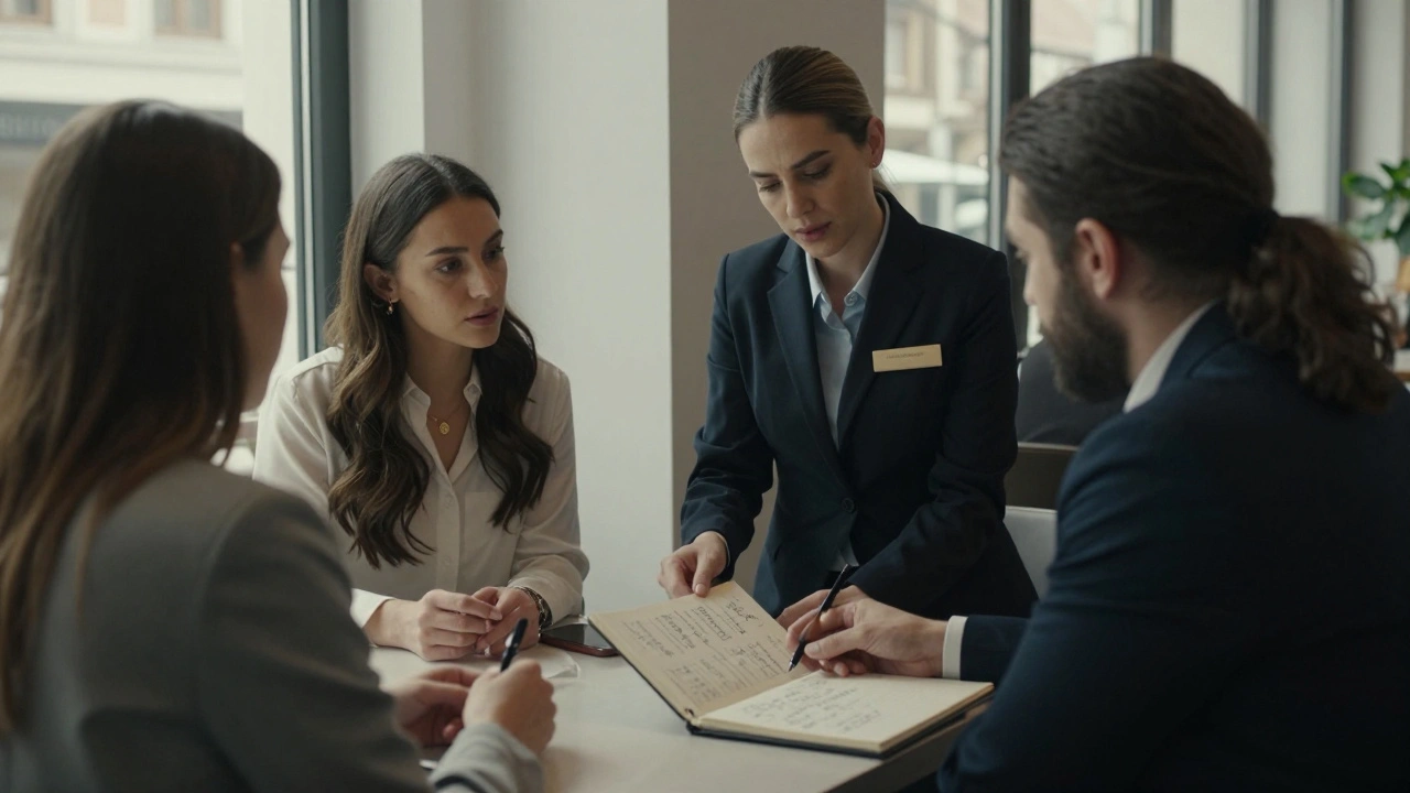 Bir profesyonel escort, bir etkinlik planlaması için müşteriyle kafe de konuşuyor.