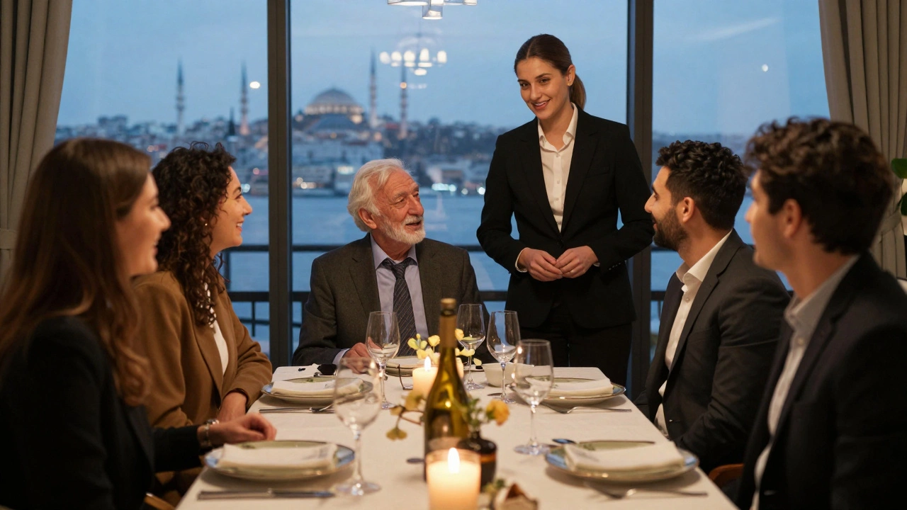 Çeşitli misafirlerle birlikte Ataşehir'de bir akşam yemeğinde sohbet eden bir escort.