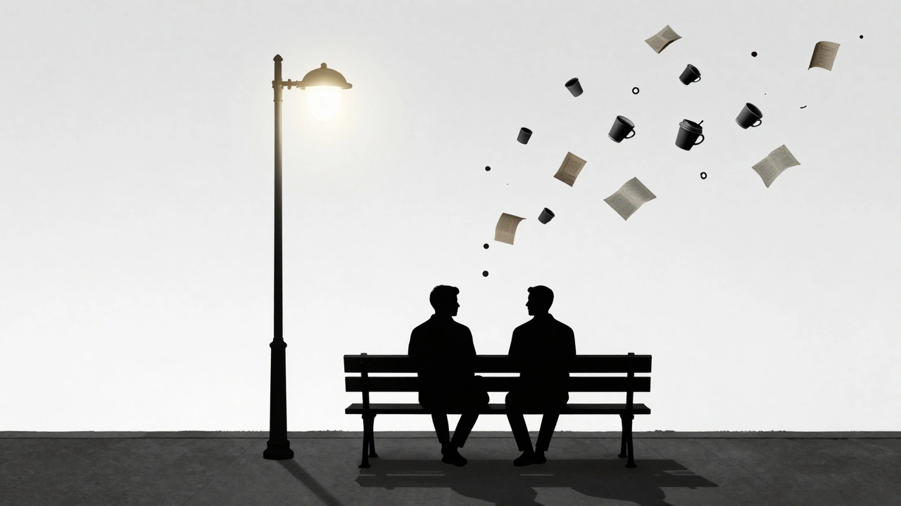 İki siluet, bir lambanın altında bir bankta oturuyor, gölgeleri birleşiyor.