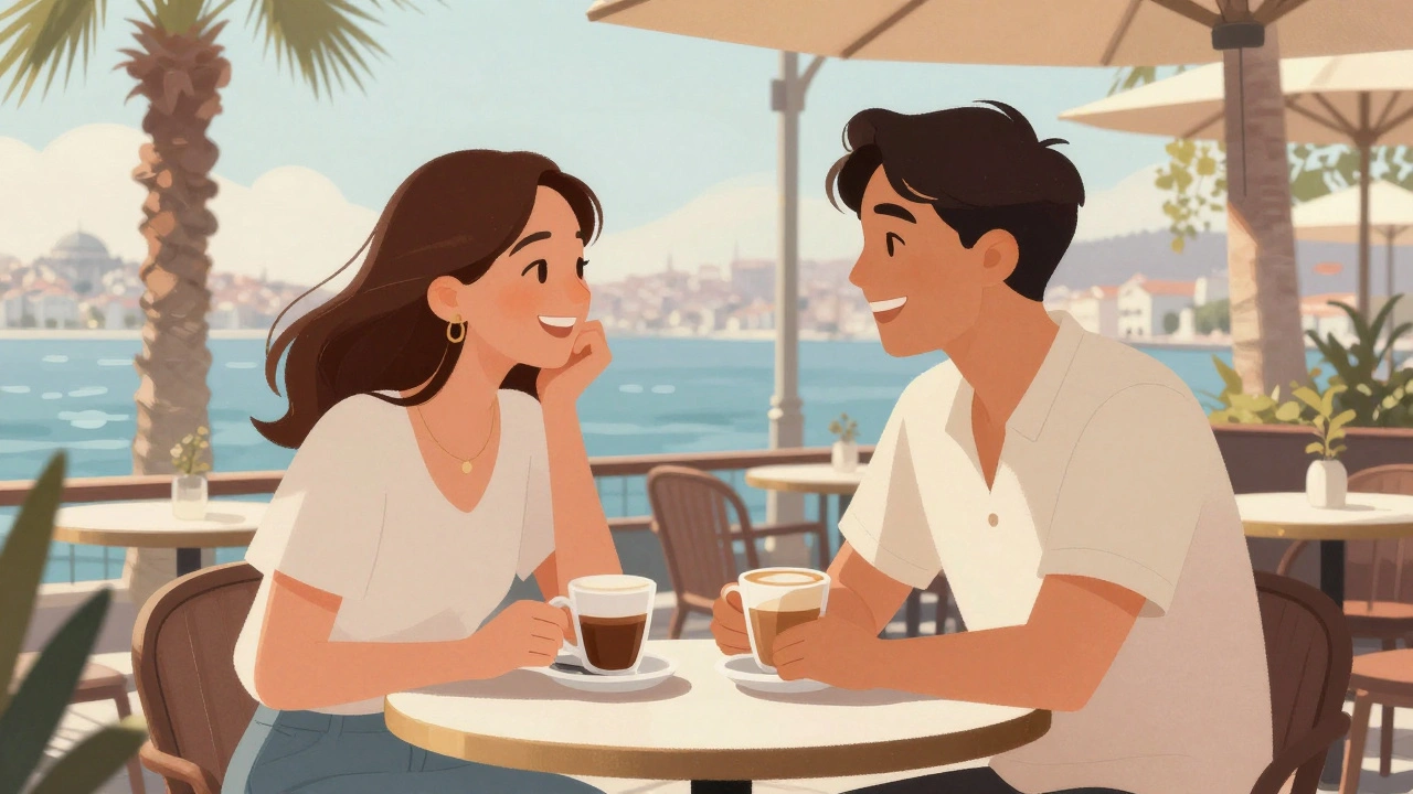 İstanbul'da deniz kenarında kahve içen mutlu bir çift.