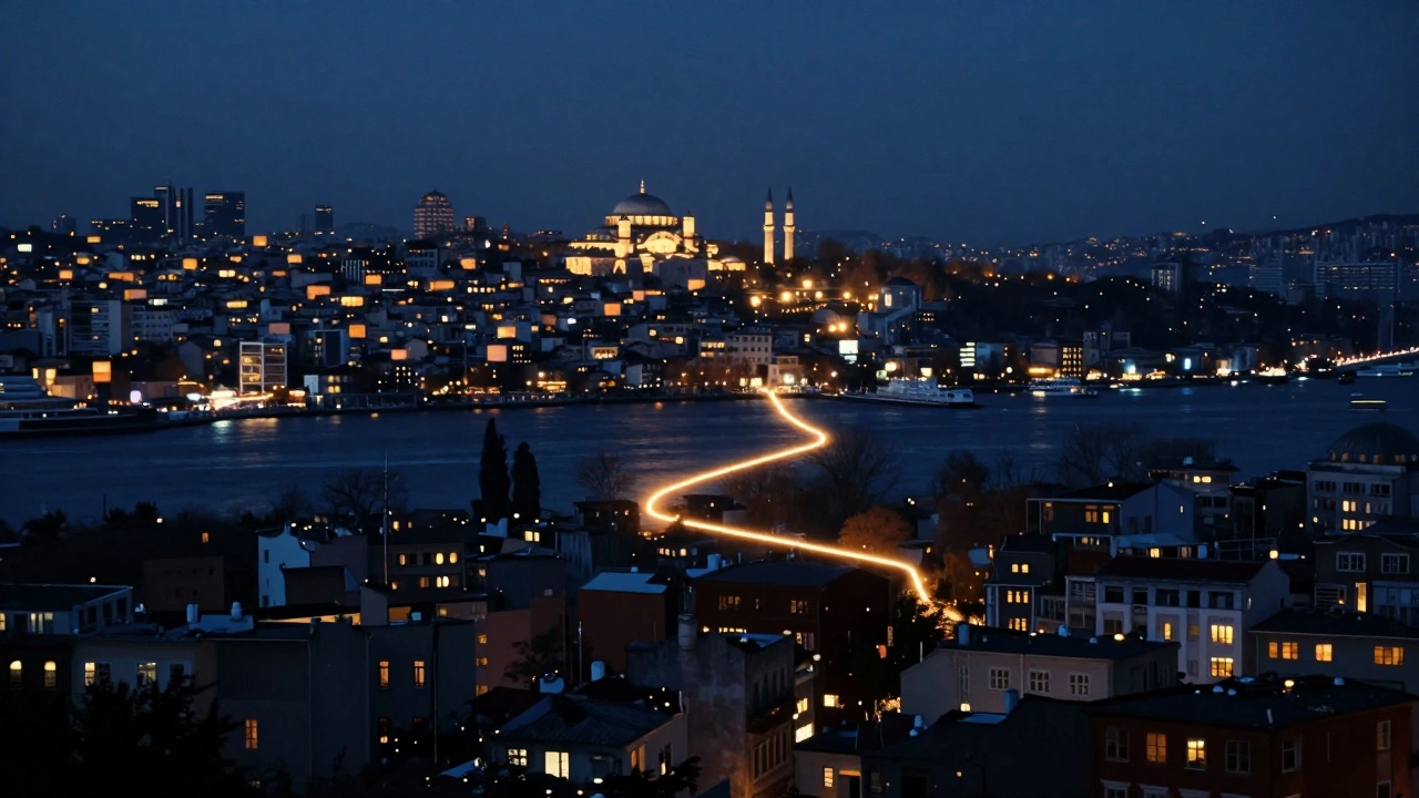 İstanbul'un gece manzarası, güvenli ve tehlikeli bölgeler arasında ışıklı bir yol gösteriyor.