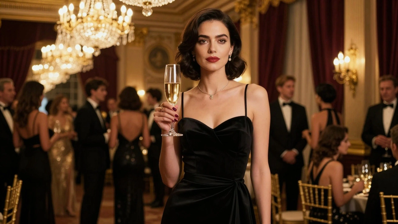 Kara tuxedo davetinde zarif bir kadın, şamdanlı salon.