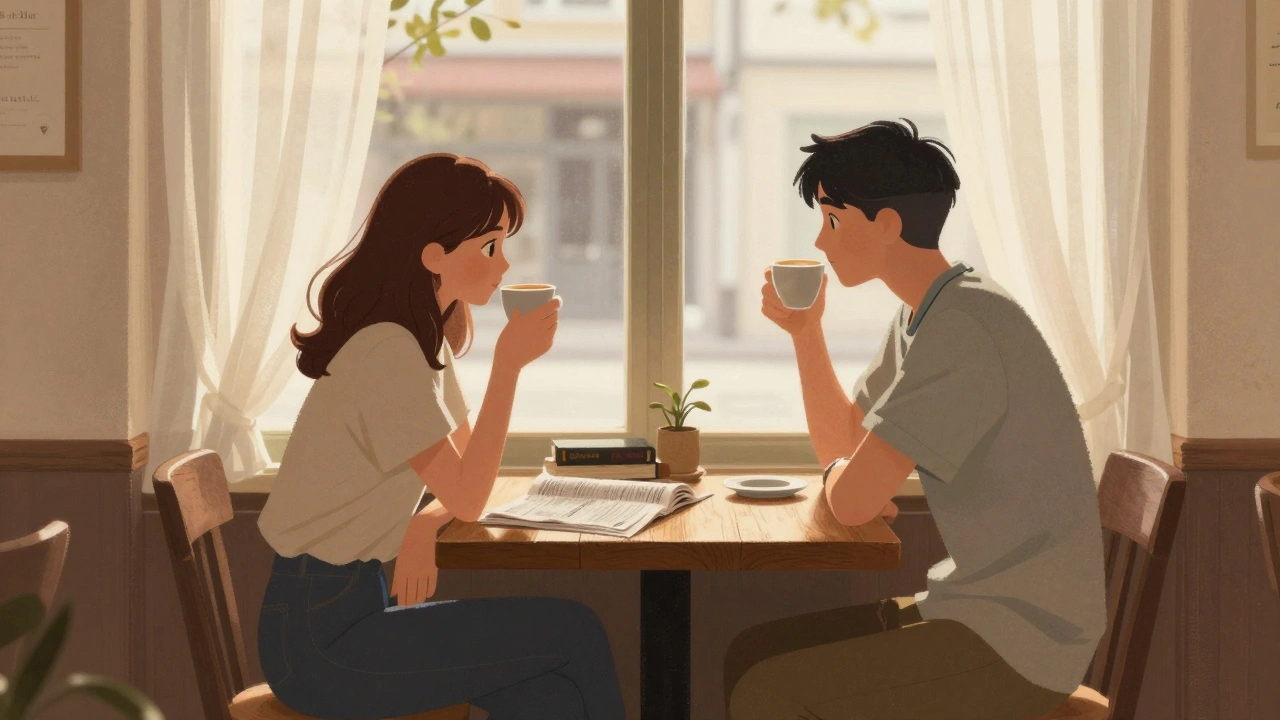 Kartal'da bir kafede iki kişi, kahve içerek sessizce birbirinin yanında oturuyor, güneş ışığı pencereden giriyor.